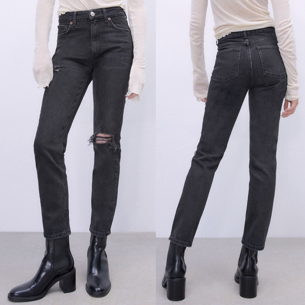 Zara HIGH WAIST RIPPED SLIM SKINNY FIT DENIM JEANS BLACK SIZE 6 NEW